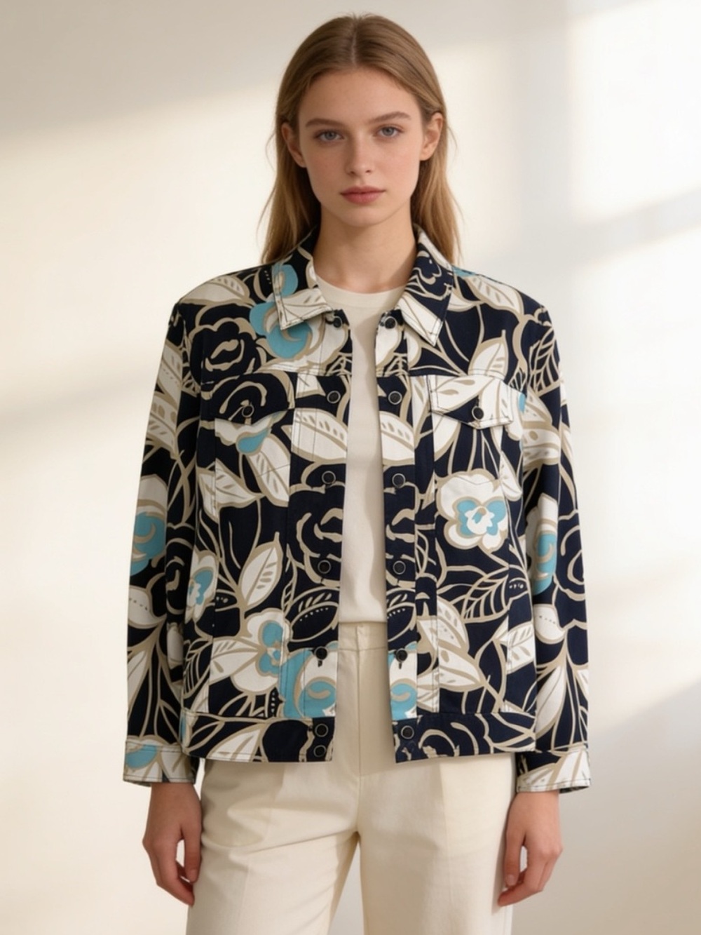 Alfred Dunner Petite Floral Button Front Jacket Navy Beige Blue 12P